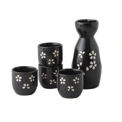 Japanese Sake Set Traditional Ceramic Sake Set With 1 Bottle Of Sake And 4 Sake Cups For Home Or Restaurant Use Hot And Cold Sake Black Ceramic Sake Cups Japanese Decor
