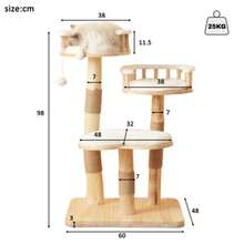 Designer Solid Wood Cat Climber - 98cm High, 3-Level Trampoline, Detachable Pillow And Toy Balls, Optical Cloud Imitation - Nature, Use, Cat Climbing - White - View 11