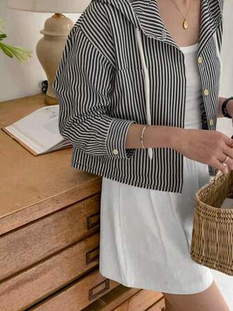 Korean Chic Summer Casual Single-Breasted Striped Contrast Color Loose Fit Long Sleeve Hooded Shirt For Women