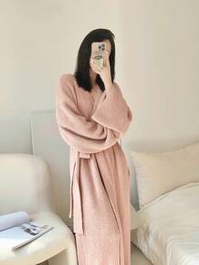 1Pc Women's Bathrobe, , Winter Robe,Kimono Robe, House Robe,Sleepwear,Minimalist European Style Long Sleeve, Spring,Autumn, Petite To Plus Size, Lightweight Solid Color Loungewear,Bathroom, Back To School - Multicolor - View 2