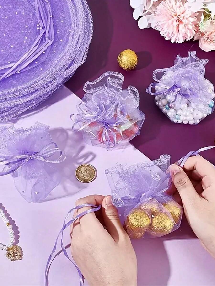 100个/50个紫色亮片束口袋 - 优雅圆形珠宝礼品袋,适用于生日、婚礼、派对和洗礼装饰;派对回礼袋,珠宝礼品袋 - 紫色 - 查看 1
