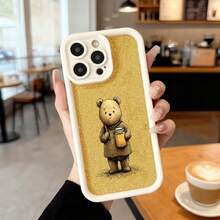 Funda de teléfono con borde negro dorado con diseño de oso sosteniendo taza de café para uso diario en cafeterías Aplicable a los teléfonos de la serie Apple y Galaxy - Burdeos - Ver 4