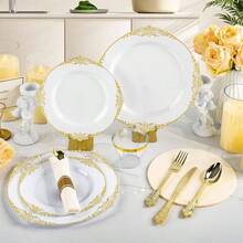 350PCS Gold Plastic Plates 50 Guests, Disposable Dinnerware Sets Include Gold Rim Plastic Plates, 50 Silverwares, 50 Cups, And 50 Pre Rolled Napkins Party, Wedding, Graduation - Gold + 50 Guests Set - View 4