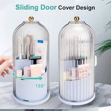 Toothbrush Holders With Sliding Lid, Rotating 3 Slots Bathroom Organizer Countertop, Tooth Brush Toothpaste Holder Bathroom Counter Stand Sink Organizer Caddy For Makeup Brushes Holder (Blue){Inchcolor_nameinch:InchBlue+Transparentinch} - 藍色+透明 - 查看 3