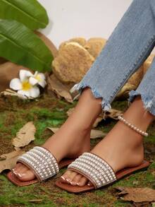 Mules à enfiler ornées de strass pour femmes, légères, antidérapantes, pour une utilisation décontractée à la plage, convenant aux grandes tailles, pailletées, pantoufles de mode pour l'intérieur/extérieur - Tabac - Voir 5