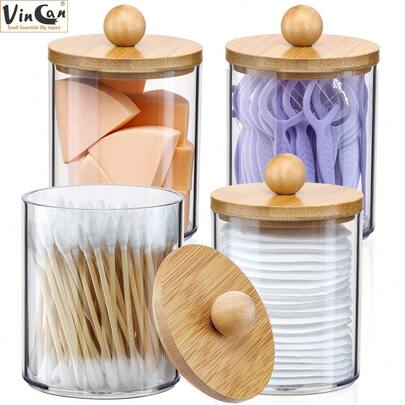 VINCAN 1pc Portable Cleaning Swab Dispenser - Clear Plastic Apothecary Jar Container With Bamboo Lid For Vanity Makeup Storage Organizer, Bathroom Accessories - Freestanding, Compact, And Easy-To-Carry Design For Cleaning Swab, Ball, Pads, And Floss Storage
