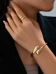 4pcs Geometric Waterdrop Shaped Solid Gold-Color Metal Jewelry Set For Women, Minimalist Open Cuff Bracelet - Yellow Gold - View 22