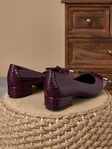 Women's Square Toe 3cm Heel Pumps, Suitable For Work, Commute, Dinner Party, Vintage Bow Decor, Navy Blue, Fashionable Casual Slip-On Shoes - Màu Đỏ Sâu - Xem 5