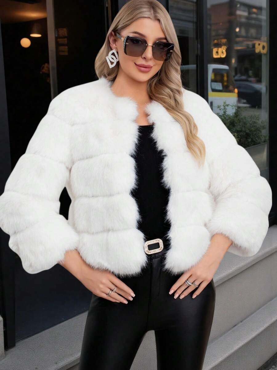 Elegant Women's Faux Fur Coat White Color Regular Sleeve Round Neck Wrist Length Contrast Faux Fur Design Warm Lined For Winter Christmas And New Year - White - View 1