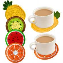 Fruit Coasters Set Of 2 Crochet Absorbent Drink Pads Home Office Table Decor, Woven Textile Protectors 2, Watermelon - 2 + Kiwi - Xem 2