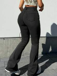 MYOURSA High Rise Stretchy Flare Leg Jeans Washed Bootcut Elegant Casual Daily Outfits For Women Blue - Dark Grey - View 5