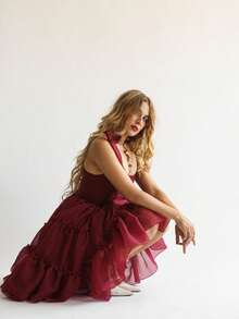 Womens Party Tutu Dress Stylish Solid Ruffled Trim Tie Back Sleeveless Tie-Shoulder Midi A-Line Dress - Burgundy - View 7