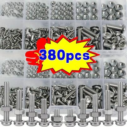 380pcs Hex Nut And Bolt Set - Durable M2, M2.5, M3, M4, M5 Metric Sizes, Universal Project And Repair Hardware Kit, Metal Construction, Durable Construction, |Hexagonal Nuts|Durable Metal Nuts, Nut And Bolt Set