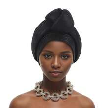 Gorra de Turbante de Tela Brillante con Nudo, Envolturas para la Cabeza de Mujeres, Auto Gele Africano, Turbante de Fiesta de Nigeria - Dorado - Ver 6
