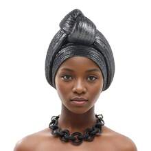 Gorra de Turbante de Tela Brillante con Nudo, Envolturas para la Cabeza de Mujeres, Auto Gele Africano, Turbante de Fiesta de Nigeria - Dorado - Ver 9