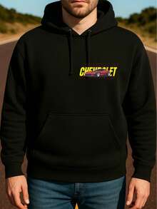 Sudadera Con Capucha De Cuello Redondo Para Hombre Con Estampado De CH EVROLET Bolsillo Canguro Y Cordón, Manga Larga, Suelta Y Casual, Ideal Para Regalar Como Ropa De Hombre Frente y Espalda - Negro - Ver 2