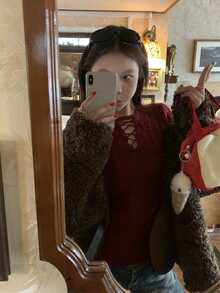 加州艺术学院复古设计收腰修身女士毛衣，冬季针织套头衫 - 紅色 - 查看 8