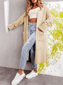 Saodimallsu Women 2025 Fall Knit Duster Coat Cardigan Open Front Design Casual Long Line Outerwear - 米色 - 查看 3