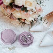 Velvet Ring Box, 3 Slots Octagon Jewelry Ring Box Vintage Ring Display Holder Case Wedding Ceremony Proposal Engagement Pearly White - Pale Purple - 查看 6