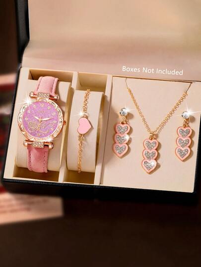 SOKI 1 Set de joyería para mujer: Reloj de cuarzo de correa de piel de PU + Collar, aretes y pulsera con forma de corazón - Correa ajustable Reloj de cuarzo de moda color rosa para mujer. El accesorio perfecto para fiestas, vacaciones y cumpleaños, también un regalo ideal para mejores amigas.