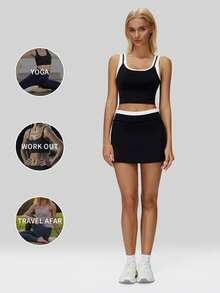 MFVIM Black Camisole & Mini Skirt Sports Set, Women Casual Activewear Outfit, Black & White Contrast Design Slim Fit, Breathable & Comfortable, Energetic, Essential For Outdoor Running, Cycling, Yoga, Pilates, Gym Workout - Black - View 6