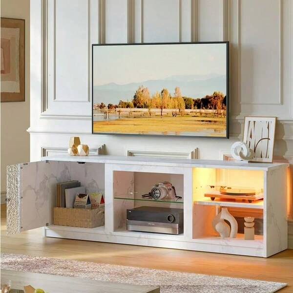 63" TV Stand With Storage And Glass Shelves, 20 Dynamic Modes, Entertainment Center For TVs Up To 70"