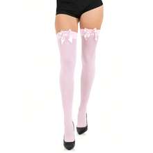 1 Pair Simple Bow Over-The-Knee Stockings, Smooth & Soft - 珊瑚粉 - 查看 3