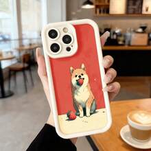 Cubierta de telefono con borde negro y fondo rojo con estampado de perro shiba inu comiendo fresa para uso diario en cafeterias Aplicable a los teléfonos de la serie Apple y Galaxy - Café integral - Ver 4