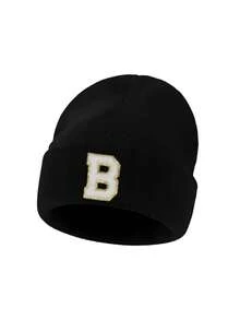 1顶男女通用个性化刺绣A-Z字母弹力针织帽，时尚街头嘻哈针织帽，适合秋冬季日常佩戴 - 黑色 - 查看 7