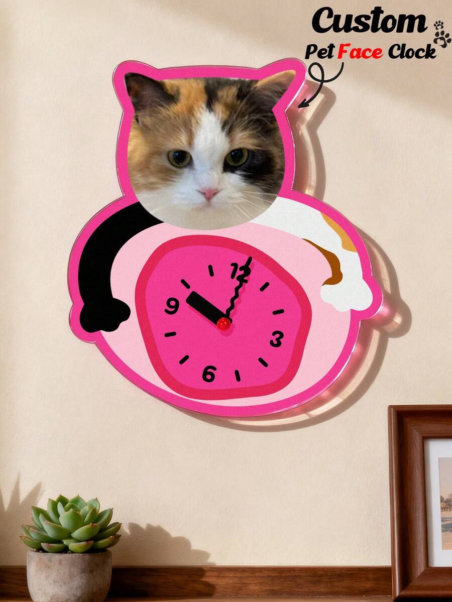 1pc Minimalist Pet Photo (Dog/Cat Photo & Name) Customized Round Wall Clock, Personalized Home Decor For Living Room, Studio, Office, Best Gift For Parents, Housewarming, Wedding Anniversary