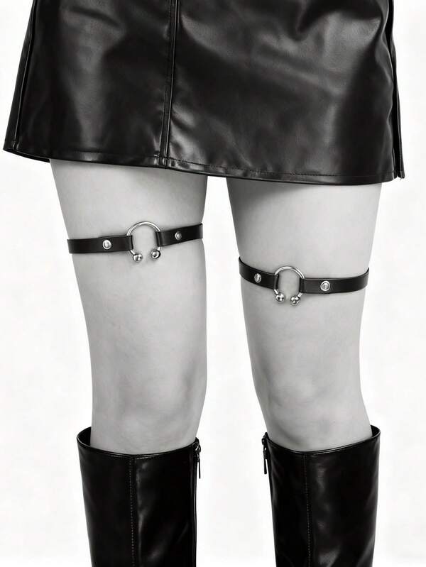 2PCS Gothic Style Punk Leather Thigh Bands With Ring Accessories,Add Attitude To Your Outfit