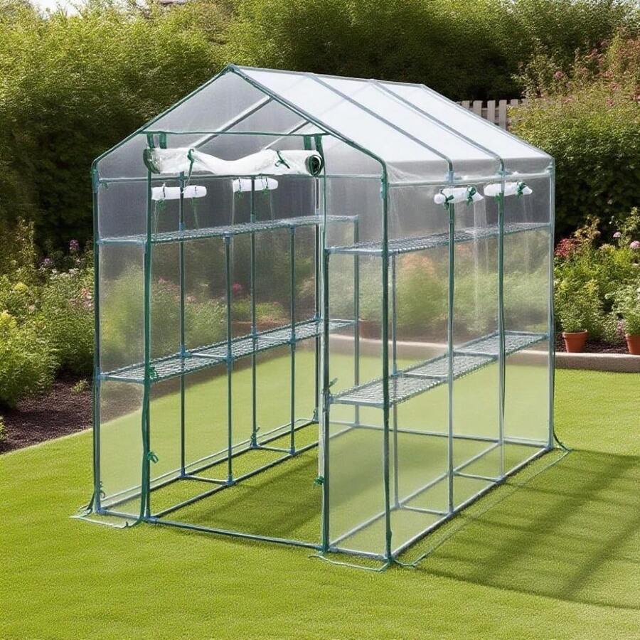 WARMTOBABY Outdoor Walk-In Greenhouse With 6 Shelves, Weather-Proof Plant House Tent, UV-Resistant Garden Greenhouse With Mesh Windows & Sturdy Iron Frame - Đen và trắng - Xem 1