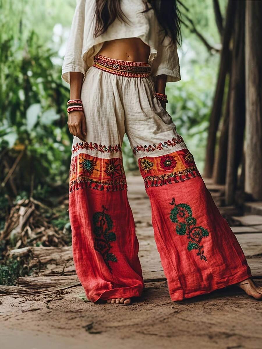 Ladies' Elegant Retro Bohemian  Casual Pants Beach Vacation Loose Printed Horn Wide Leg Pants Pants - Red - View 1