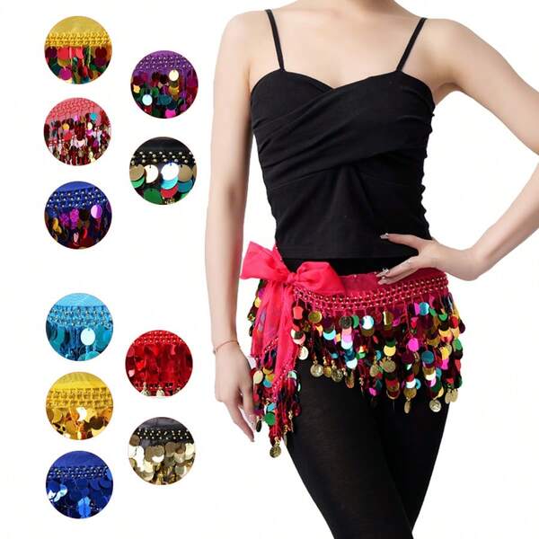 Corrente de Cintura para Dança do Ventre, Saia com Lantejoulas para Dança, Cinto de Moedas, Lenço de Braço para Apresentação de Dança, Faixa de Cintura para Prática de Festival