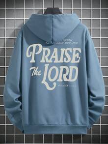ONE WAVE 男士休闲街头连帽衫，印有“赞美主”标语，秋冬款 - 淺藍色 - 查看 5