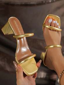 סנדלים גבוהים בצבע זהב לנשים, נעלי ערב אלגנטיות עם עקב עבה ונוחות, פתוחות לנסיעות, קיץ - זהב - ראה 8