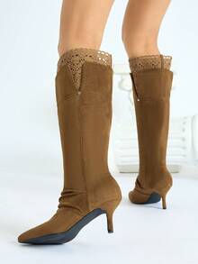 Fall/Winter Vintage Distressed Suede Pointed Toe Lace Patchwork Thigh High Fashion Boots For Women, New Autumn Pleated Versatile Riding Boots,Kitten Heels - Brown - View 3
