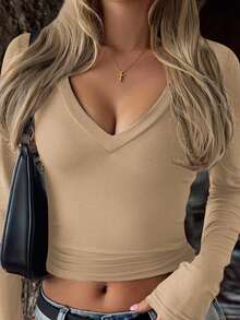 Vaiaye 女士性感修身针织长袖上衣，纯色V领T恤，适合情人节及春季休闲穿着 - 駝色 - 查看 10