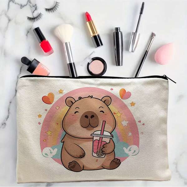 1pc Cute Polyester Canvas Tote Bag, Flat Zipper Design, Cartoon Capybara Drinking Bubble Tea & Rainbow Heart Star Adorable Pattern, Multipurpose As Storage Bag/Stationery Bag/Office & School Supplies Bag/Travel Pouch/Zipper Bag, Convenient Zipper Closure, Ideal Christmas/Valentine's Day Gift, Meets Both Aesthetic And Practical Needs