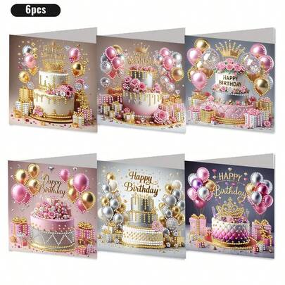 6pcs DIY Diamond Painting Birthday Greeting Card Set, Romantic Pink Cake & Balloon Theme Postcards, Unique Handmade Birthday Blessing Cards With 6 Envelopes, Ideal For Expressing Warm Wishes To Elders, Family, And Friends, Diamond Painting Card Postcards To Express Love And Affection, Best Gift To Express Heartfelt Sentiments.