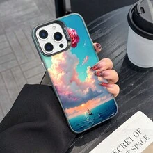 Colorful Silver Apple Phone CaseA Pink Rose Floats Above A Sailboat At SeaCompatible With  11 To  17 Models The Cases Lens Protection Function Ensures The Camera Remains Undamaged During Shooting  Guaranteeing Image Quality - Black - View 2