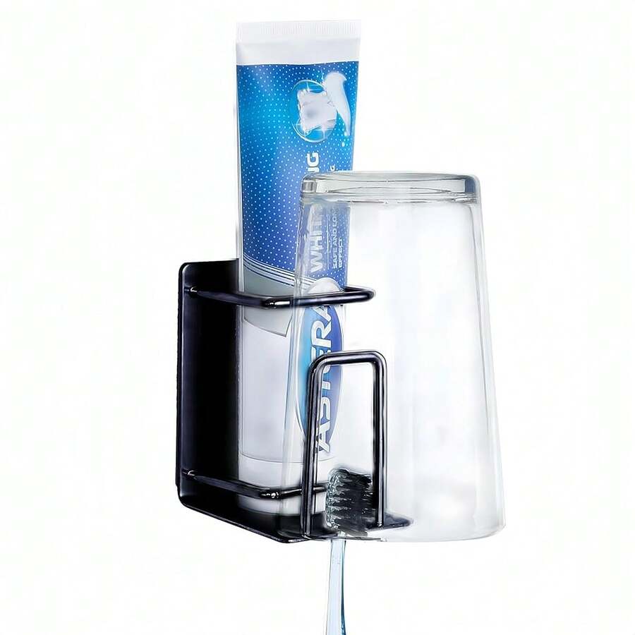 Soporte para cepillo de dientes montado en la pared de acero inoxidable, organizador 3 en 1 para cepillo de dientes, pasta de dientes y vaso (Negro (1 paquete)) - Negro (1 paquete) - Ver 1