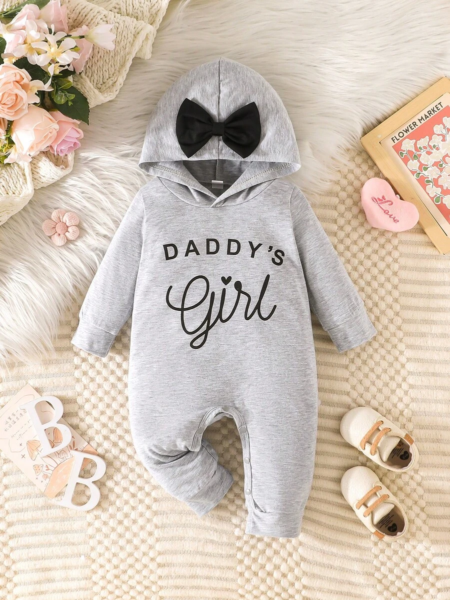 Baby Girls' Minimalist Comfortable Spring/Autumn New Letter Print Hooded Bow Decor Long Sleeve Jumpsuit - Light Grey - View 1