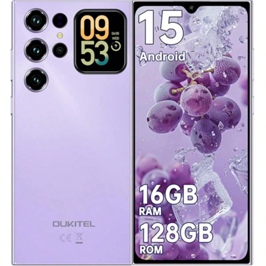 OUKITEL C62 安卓 15 智能手机，无合约 - 6.88 英寸高清+后置显示屏，16GB 运行内存 + 128GB 机身存储，5000mAh 电池，价格实惠，双卡双待，无锁/面部识别/GPS/OTG - 紫色 - 查看 1