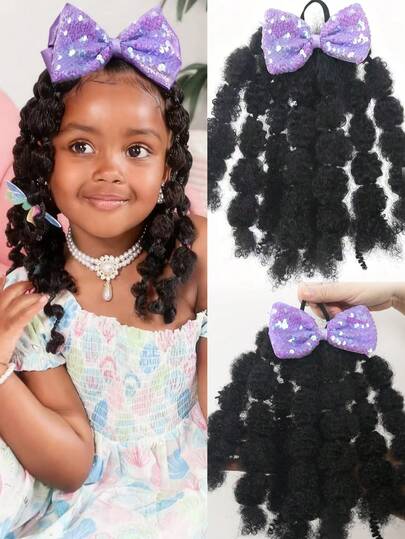 Ponytail For Girls Kids Ponytail Hair Extension Accessories 1pc Cute Small Marley Bubble Puff With Bow Afro Kids Braided