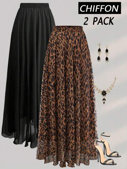 Women's Loose Casual Outfit, Elegant Long Leopard Print Chiffon Date Black Chiffon Skirt 2 Pieces Set