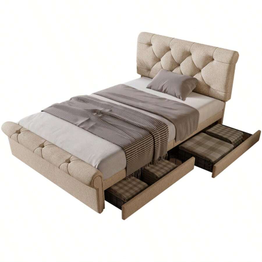 (=891112AAN) Single Upholstered Bed 90x200cm, Bed Frame With 2 Drawers And Height-Adjustable Headboard, Chesterfield Functional Bed, Natural, Without Mattress - Natural Color - View 1