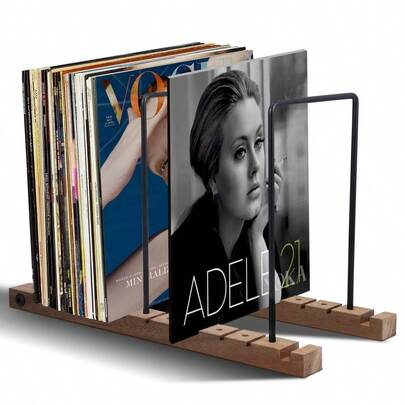 50-Album Vinyl Record Storage Holder - Wood & Metal LP Display Rack, CD Organizer Shelf For Home Office Desktop Decor