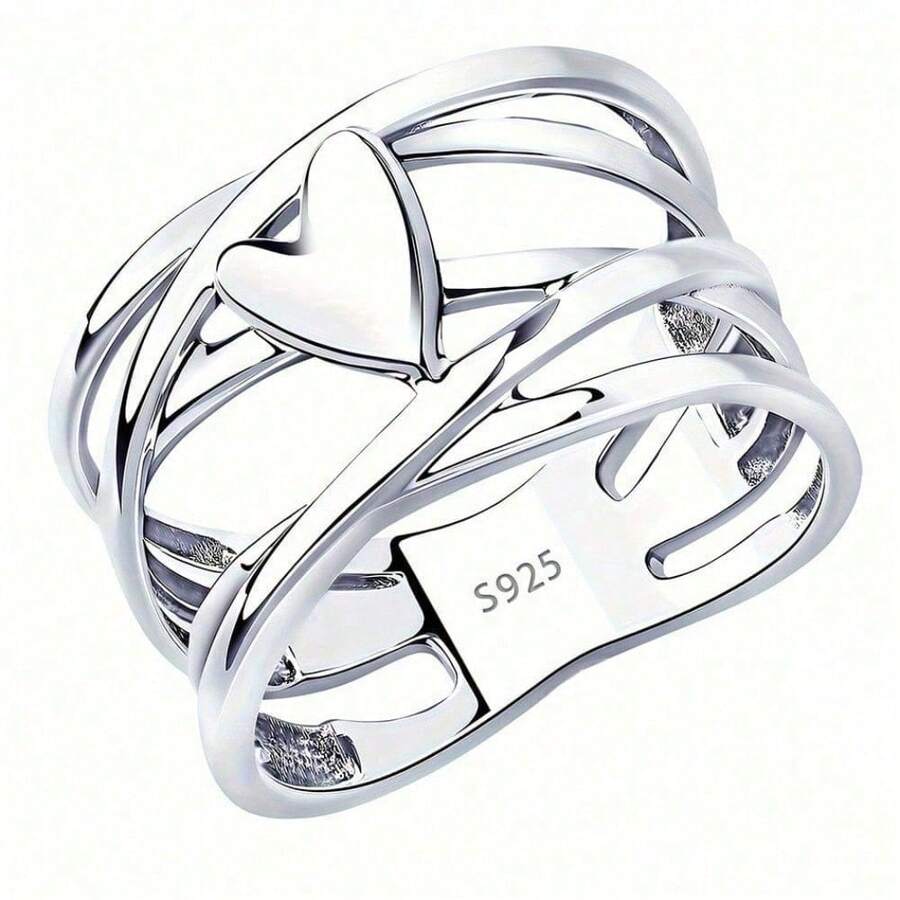 Chic French Style 925 Sterling Silver Plated Heart-Shaped Ring, Nickel-Free, Unique Design, Women's Fashion Jewelry, Perfect For Everyday And Party Accessories - 銀色 - 查看 1