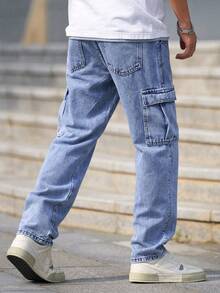 Vaqueros de trabajo lavados informales para hombre - Azul - Ver 2